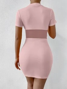 SHEIN SXY Mesh Insert Mock Neck Bodycon Dress - Baby Pink - View 2