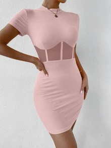 SHEIN SXY Mesh Insert Mock Neck Bodycon Dress - Baby Pink - View 3