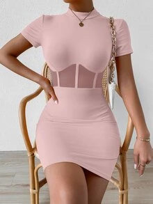 SHEIN SXY Mesh Insert Mock Neck Bodycon Dress - Baby Pink - View 4