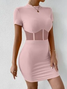 SHEIN SXY Mesh Insert Mock Neck Bodycon Dress - Baby Pink - View 6