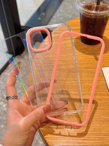 Contrast Frame Clear Phone Case With Laser Paper - Pink - View 4