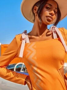 Bianca Isabela 鋸齒形印花肩部打結下擺開叉連衣裙 - 橘色 - 查看 5