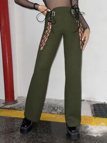 SHEIN ICON Buckle Tape Cut Out Lace Up Bootcut Trousers - Army Green - View 1