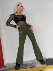 SHEIN ICON Buckle Tape Cut Out Lace Up Bootcut Trousers - Army Green - View 4