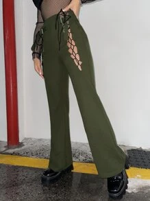 SHEIN ICON Buckle Tape Cut Out Lace Up Bootcut Trousers - Army Green - View 5