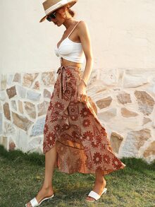 Paisley And Scarf Print Belted Ruffle Wrap Skirt - Multicolor - View 3