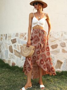 Paisley And Scarf Print Belted Ruffle Wrap Skirt - Multicolor - View 4