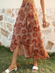 Paisley And Scarf Print Belted Ruffle Wrap Skirt - Multicolor - View 5