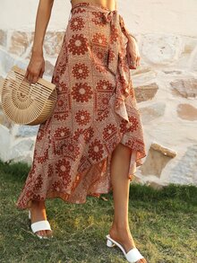 Paisley And Scarf Print Belted Ruffle Wrap Skirt - Multicolor - View 7