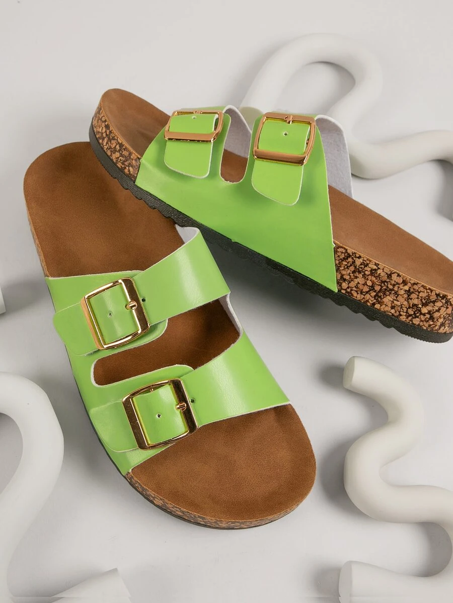 Double Buckle Cork Footbed Sandals - Green - View 1