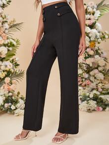 SHEIN Pantalones con botón falso con diseño con costura - Negro - Ver 5