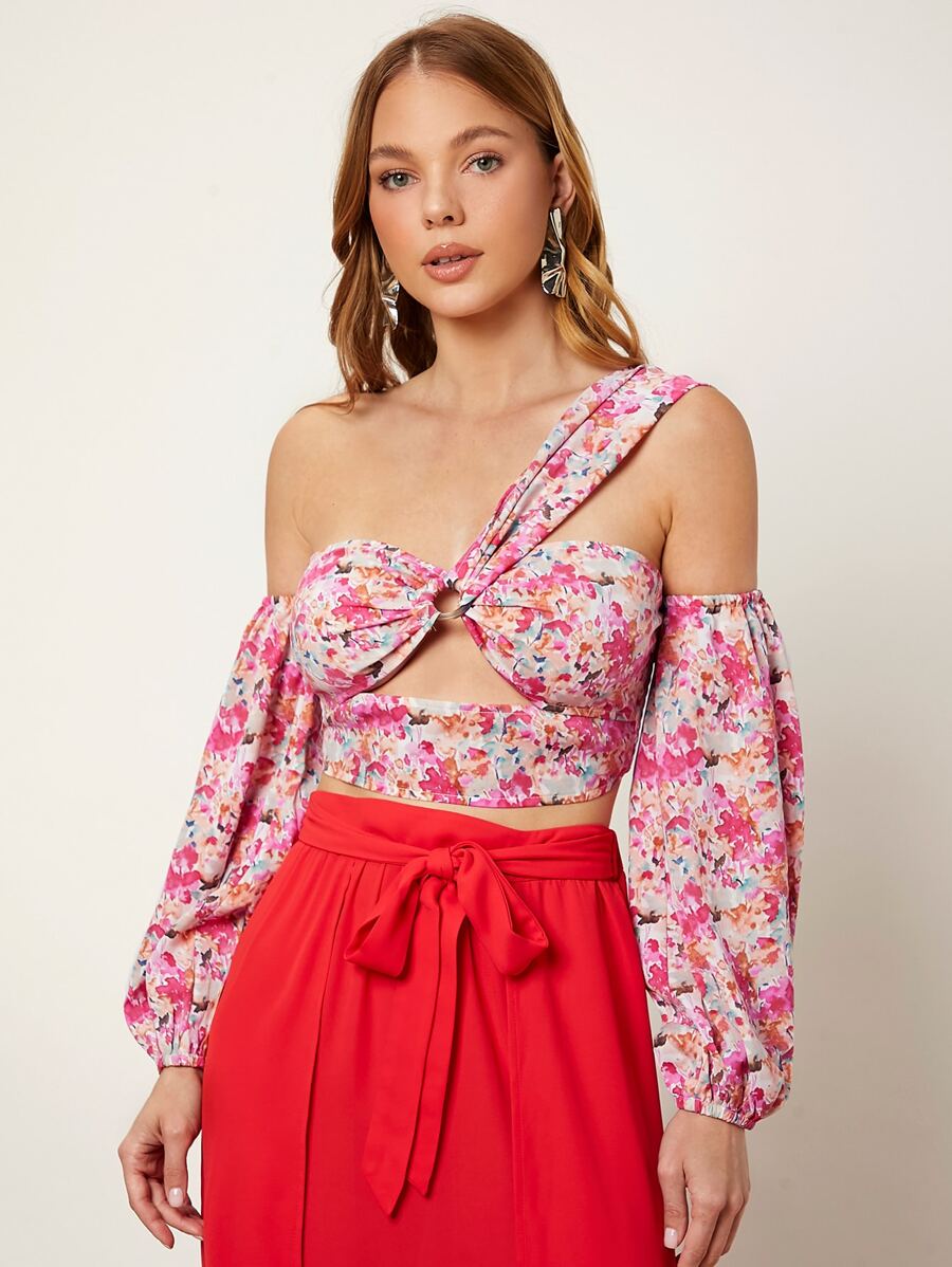 印花金屬圓環鏤空不對稱領燈籠袖短款上衣