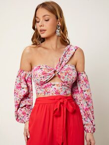 印花金屬圓環鏤空不對稱領燈籠袖短款上衣