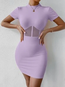 SHEIN SXY Mesh Insert Mock Neck Bodycon Dress - Lilac Purple - View 5