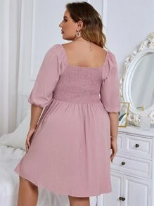 Dress Ukuran Plus Shirred Plain Casual - Dusty Pink - View 2