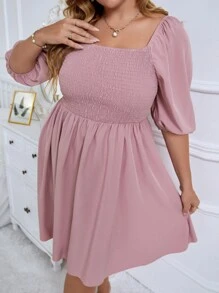 Dress Ukuran Plus Shirred Plain Casual - Dusty Pink - View 3