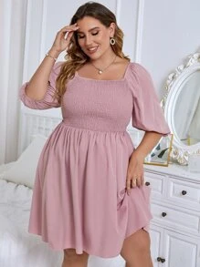 Dress Ukuran Plus Shirred Plain Casual - Dusty Pink - View 5
