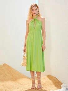 Vestido con abertura de espalda abierta con cordón - Verde Lima - Ver 1