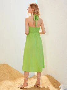 Vestido con abertura de espalda abierta con cordón - Verde Lima - Ver 3