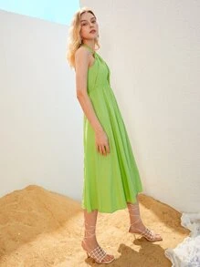 Vestido con abertura de espalda abierta con cordón - Verde Lima - Ver 4