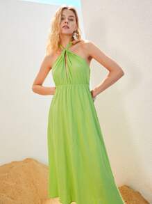 Vestido con abertura de espalda abierta con cordón - Verde Lima - Ver 2
