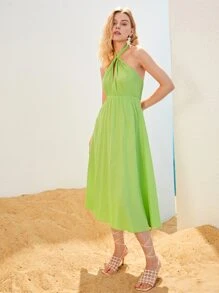 Vestido con abertura de espalda abierta con cordón - Verde Lima - Ver 5