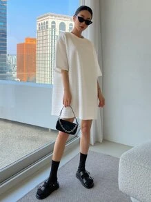 DAZY 素色落肩袖紋理質感連衣裙 - 白色 - 查看 9