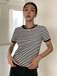 DAZY Camiseta Rayada Con Ribete De Contraste - Blanco y Negro - Ver 4