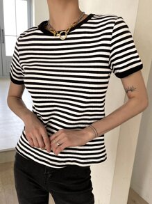 DAZY Camiseta Rayada Con Ribete De Contraste - Blanco y Negro - Ver 5