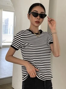 DAZY Camiseta Rayada Con Ribete De Contraste - Blanco y Negro - Ver 6