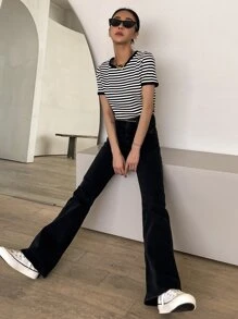 DAZY Camiseta Rayada Con Ribete De Contraste - Blanco y Negro - Ver 8