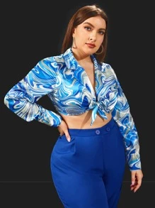 SHEIN 大碼大理石圖案前打結短款緞面襯衫 - 彩色 - 查看 1