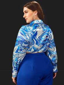 SHEIN 大碼大理石圖案前打結短款緞面襯衫 - 彩色 - 查看 2