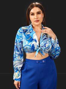 SHEIN 大碼大理石圖案前打結短款緞面襯衫 - 彩色 - 查看 3