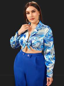 SHEIN 大碼大理石圖案前打結短款緞面襯衫 - 彩色 - 查看 4