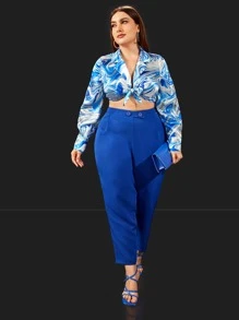 SHEIN 大碼大理石圖案前打結短款緞面襯衫 - 彩色 - 查看 5