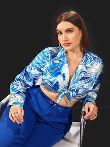 SHEIN 大碼大理石圖案前打結短款緞面襯衫 - 彩色 - 查看 6