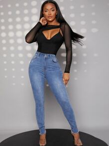 Sheer Mesh Cutout Bodysuit - Black - View 5