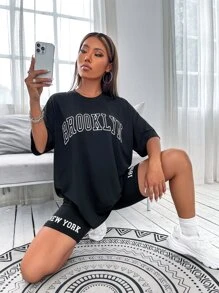 Drop Shoulder Letter Graphic Top And Cycling Shorts Set - Black - View 7