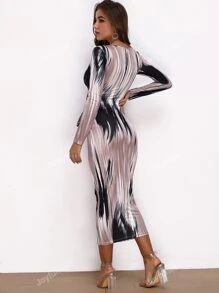 Joyfunear Brush Stroke Print Tie Waist Bodycon Dress
