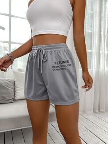 SHEIN Unity Shorts deportivos de cintura con cordón con estampado de slogan - Gris Claro - Ver 4