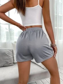 SHEIN Unity Shorts deportivos de cintura con cordón con estampado de slogan - Gris Claro - Ver 2