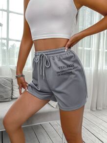 SHEIN Unity Shorts deportivos de cintura con cordón con estampado de slogan - Gris Claro - Ver 1