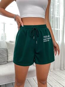 SHEIN Unity Women's Casual English Print Shorts - Dark Green - View 3