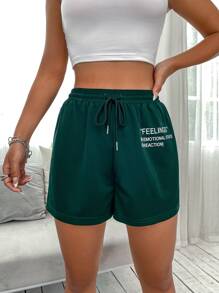 SHEIN Unity Women's Casual English Print Shorts - Dark Green - View 6