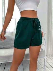 SHEIN Unity Women's Casual English Print Shorts - Dark Green - View 7