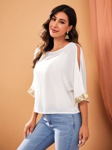 SHEIN VCAY Split Sleeve Contrast Sequin Top - White - View 3