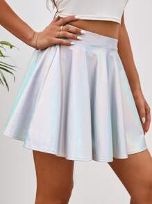 鐳射金屬質感喇叭半身裙 - 銀色 - 查看 1