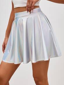 鐳射金屬質感喇叭半身裙 - 銀色 - 查看 3