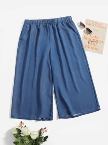 SHEIN Unity Quần Plus Size Túi màu trơn Giải trí - Màu xanh bụi bặm - Xem 1